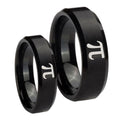 Math Pi Beveled Edges Brush Black Tungsten Promise Ring Set