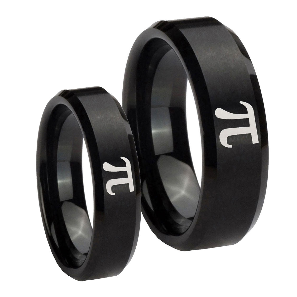 Math Pi Beveled Edges Brush Black Tungsten Promise Ring Set