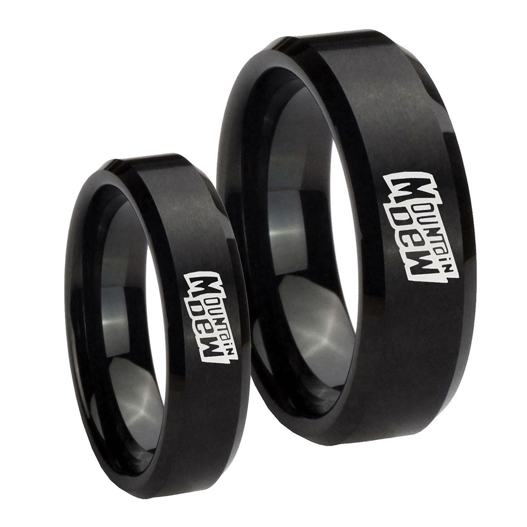 Mountain Dew Beveled Edges Brush Black Tungsten His Hers Ring Set