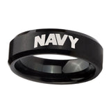10mm-Navy-Beveled-Edges-Brush-Black-Tungsten-Carbide-Men's-Bands-Ring