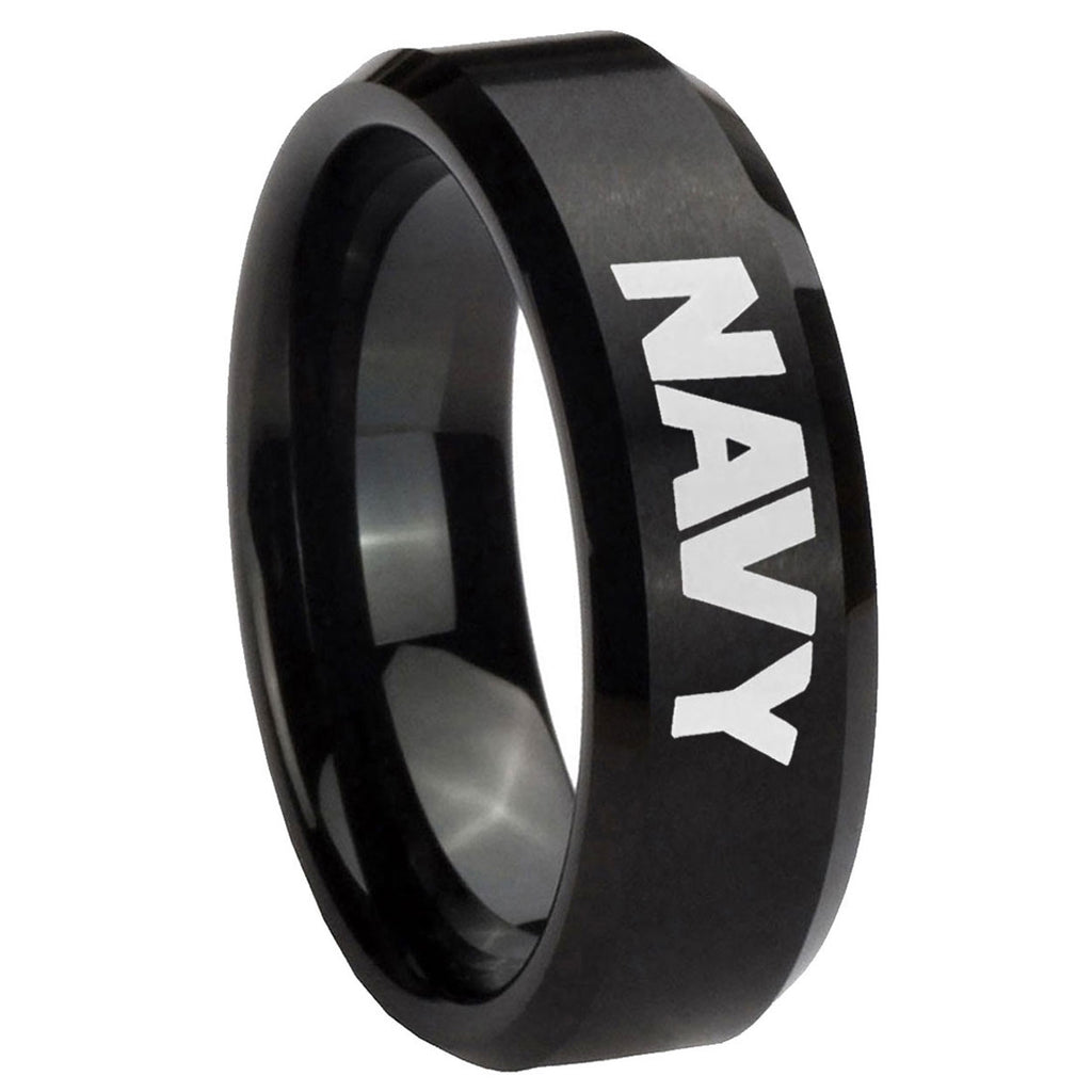 8MM Navy Beveled Brushed Black Tungsten Wedding Band
