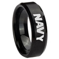8MM Navy Beveled Brushed Black Tungsten Wedding Band