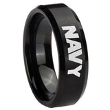 8mm Navy Beveled Edges Brush Black Tungsten Carbide Mens Bands Ring