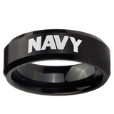 5, 8mm Navy Beveled Edge Brush Black Tungsten Carbide Mens Bands Ring