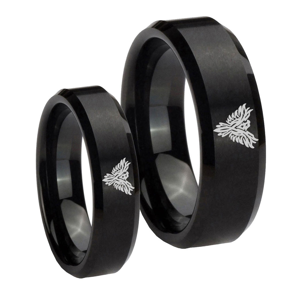 Phoenix Beveled Edges Brush Black Tungsten Bridal Ring Sets