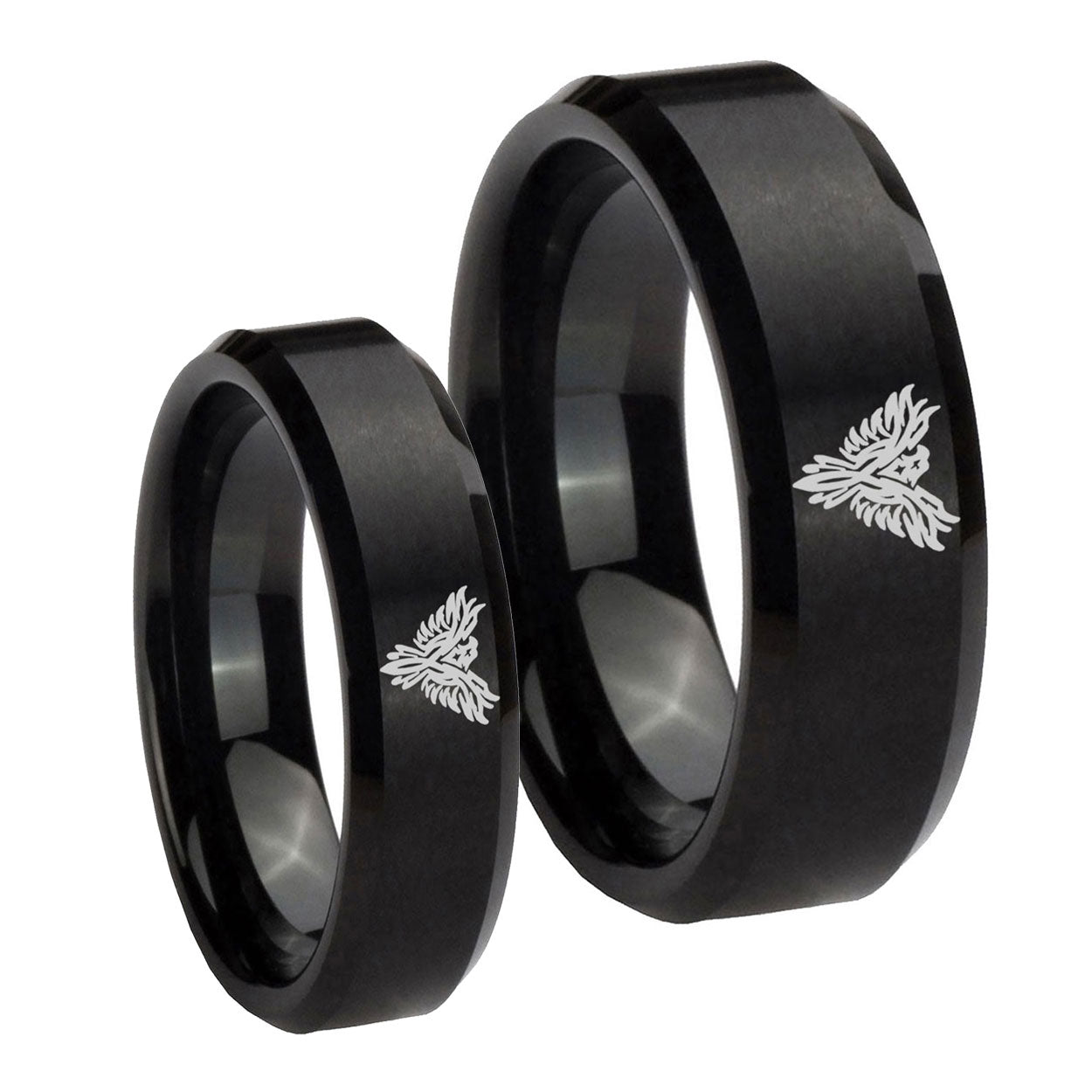 Phoenix Beveled Edges Brush Black Tungsten Bridal Ring Sets