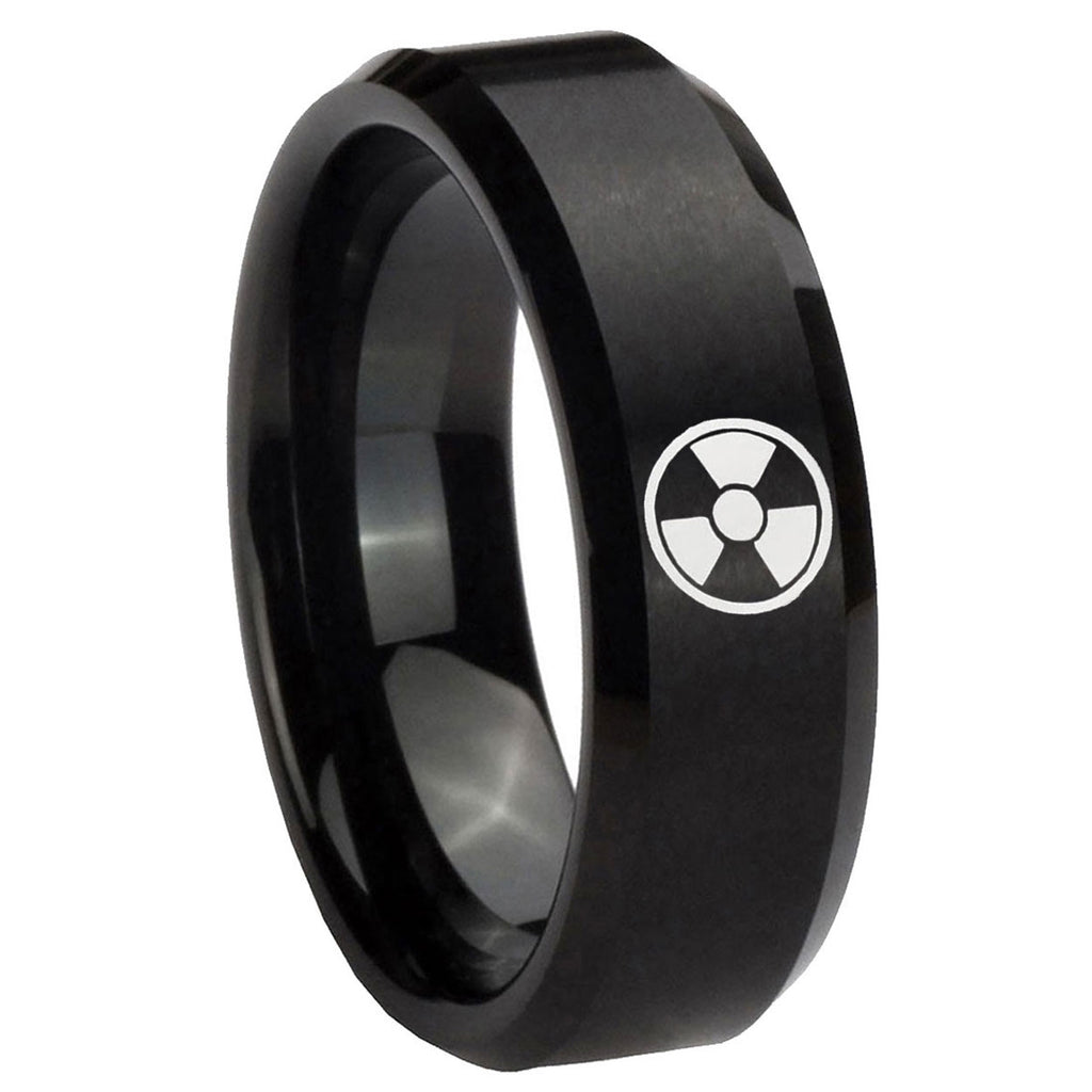 8MM Radiation Beveled Brushed Black Tungsten Ring For Him