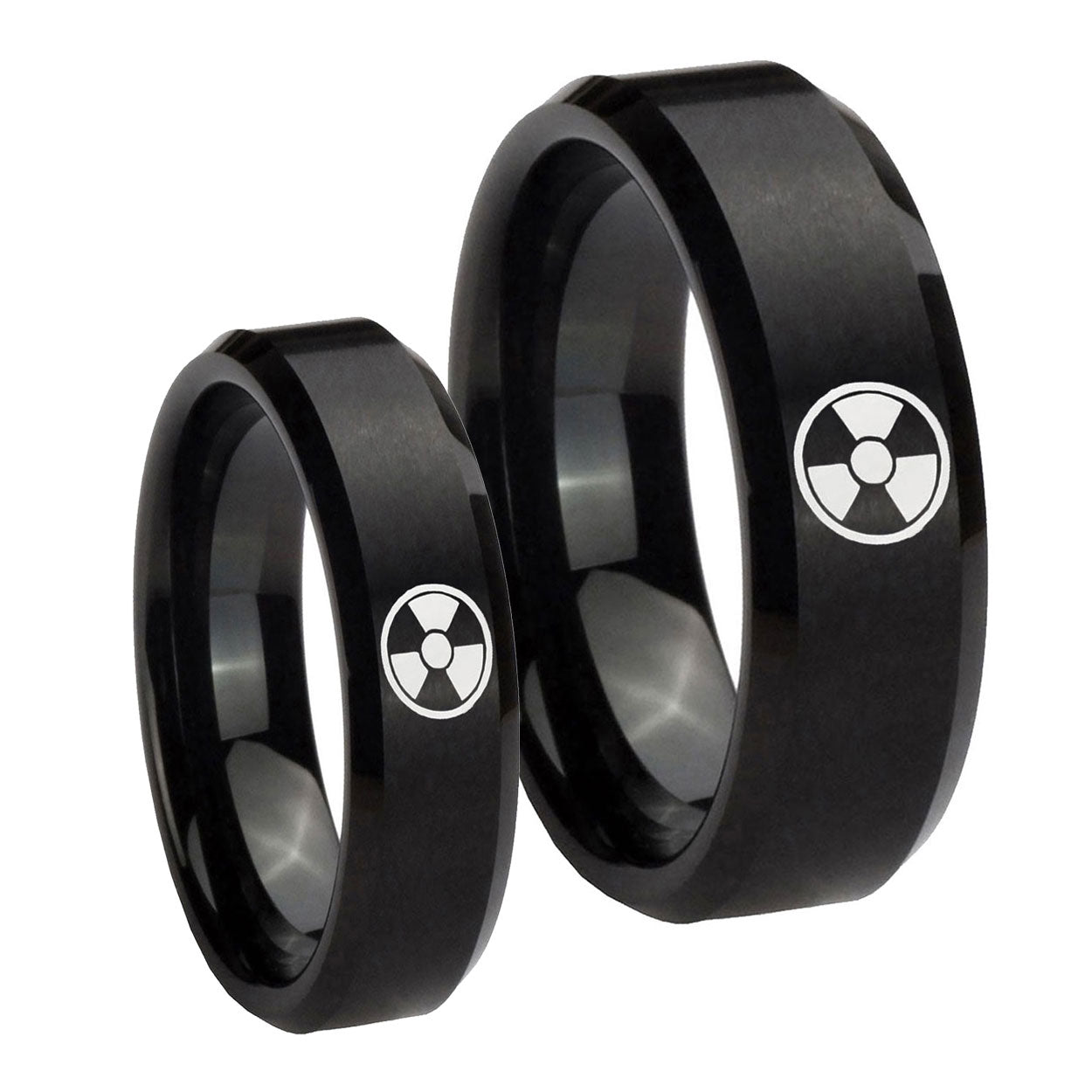 Radiation Beveled Edges Brush Black Tungsten Bridal Ring Sets