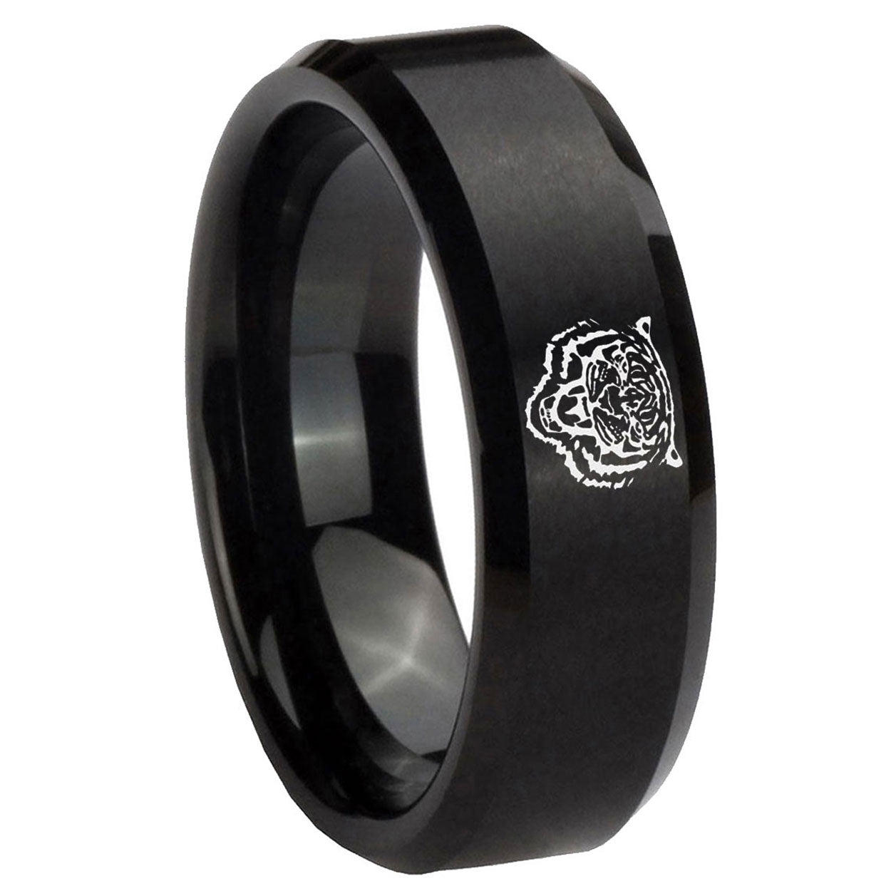 8MM Lion Beveled Brushed Black Tungsten Mens Wedding Ring