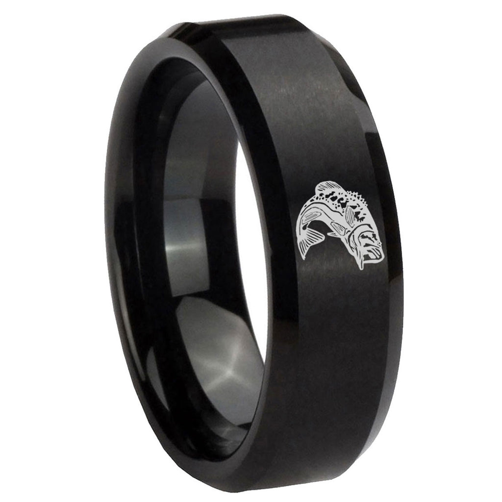 10mm Fishing Beveled Edges Brush Black Tungsten Men's Engagement Ring