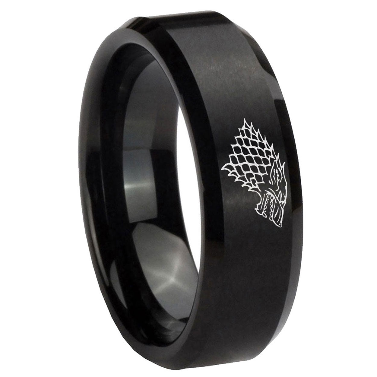 10mm Game Of Thrones House Stark Direwolf Beveled Edges Brush Black Tungsten Men's Engagement Ring