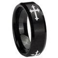 8MM Christian Cross Religious Beveled Brushed Black Tungsten Mens Ring