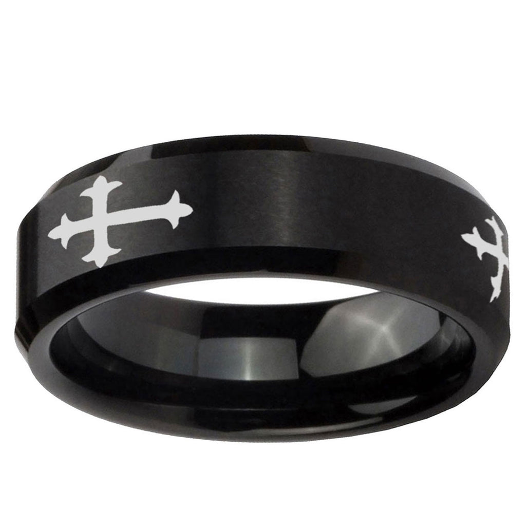 5MM Christian Cross Religious Beveled Brushed Black Tungsten Mens Ring