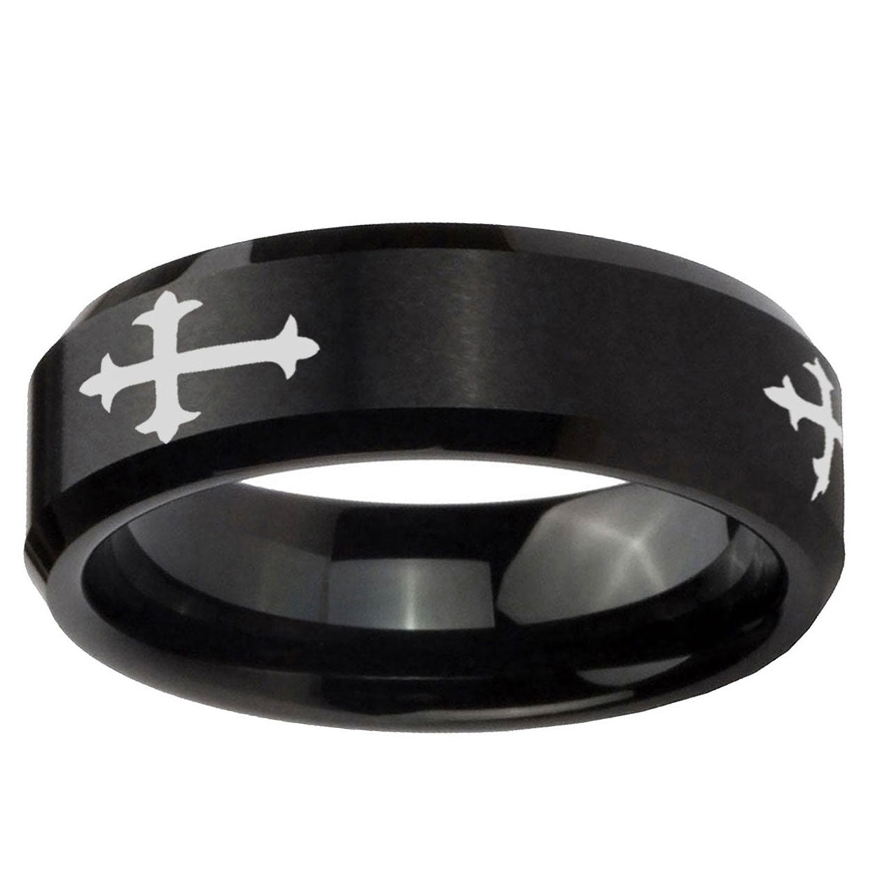 5MM Christian Cross Religious Beveled Brushed Black Tungsten Mens Ring