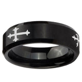 10mm Christian Cross Religious Beveled Edge Brush Black Tungsten Ring