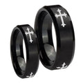 Christian Cross Religious Beveled Edges Brush Black Tungsten Wedding Ring Set
