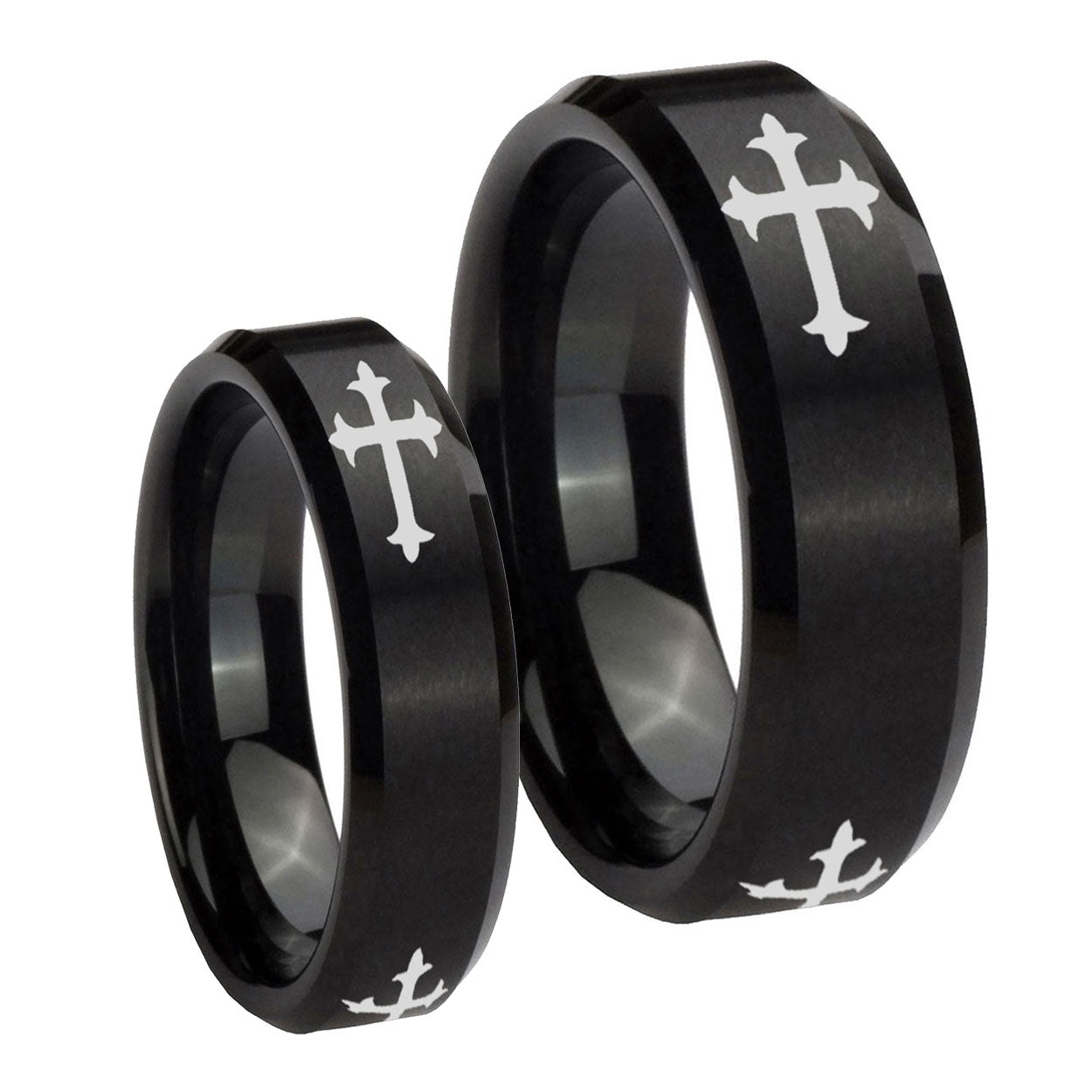 Christian Cross Religious Beveled Edges Brush Black Tungsten Wedding Ring Set