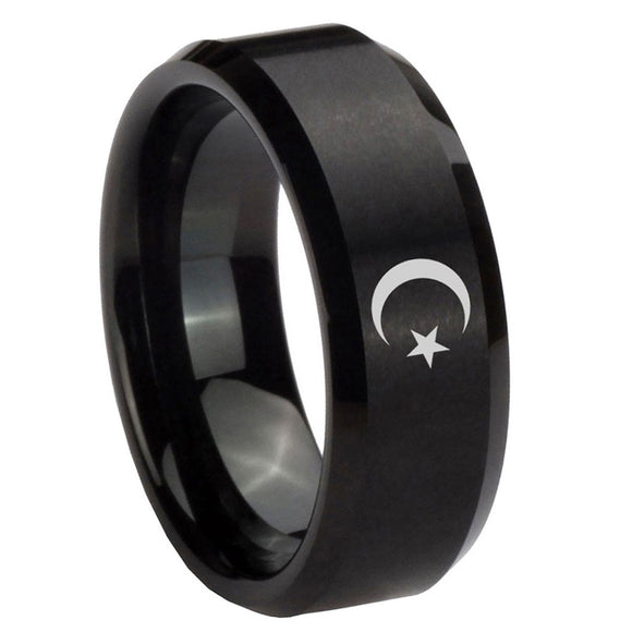 10mm-Crescent-Moon-Stars-Beveled-Edges-Brush-Black-Tungsten-Men's-Engagement-Ring