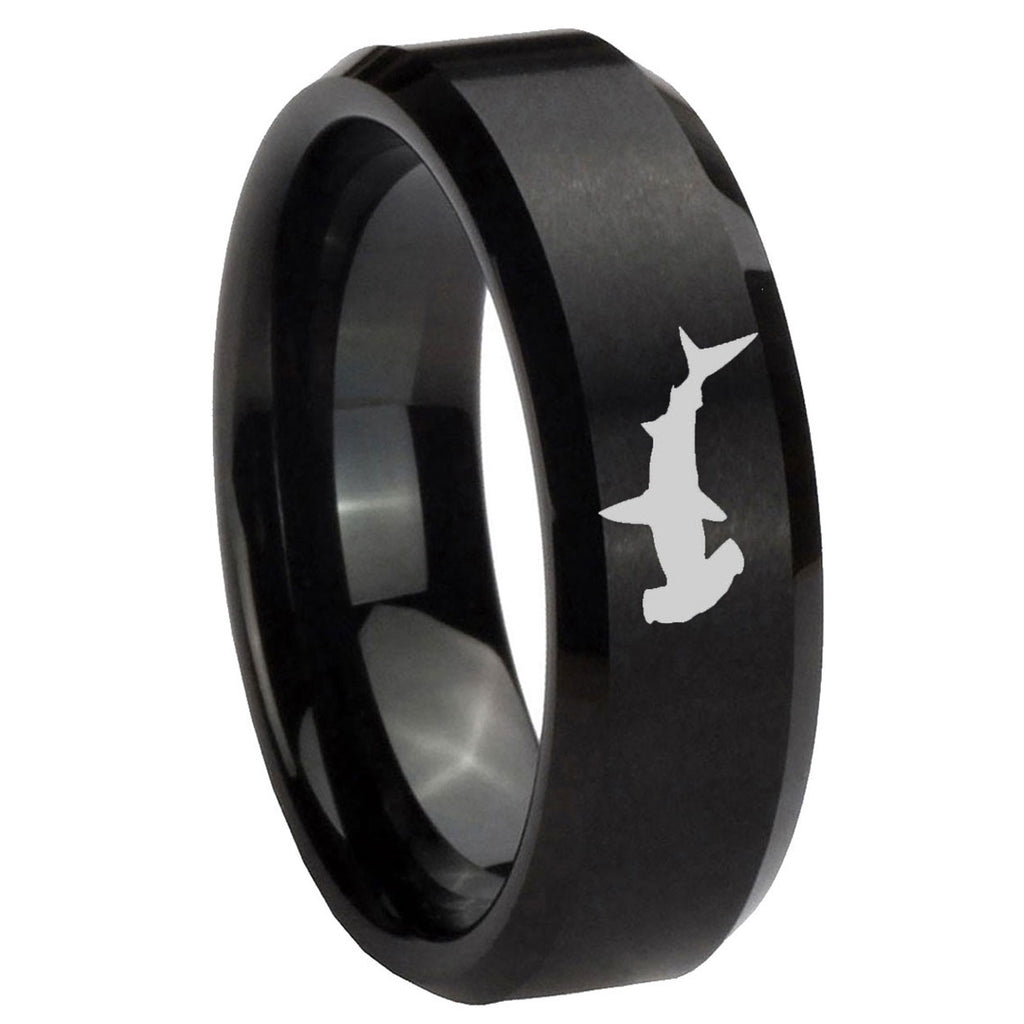 10mm Hammerhead Shark Beveled Edges Brush Black Tungsten Men's Engagement Ring