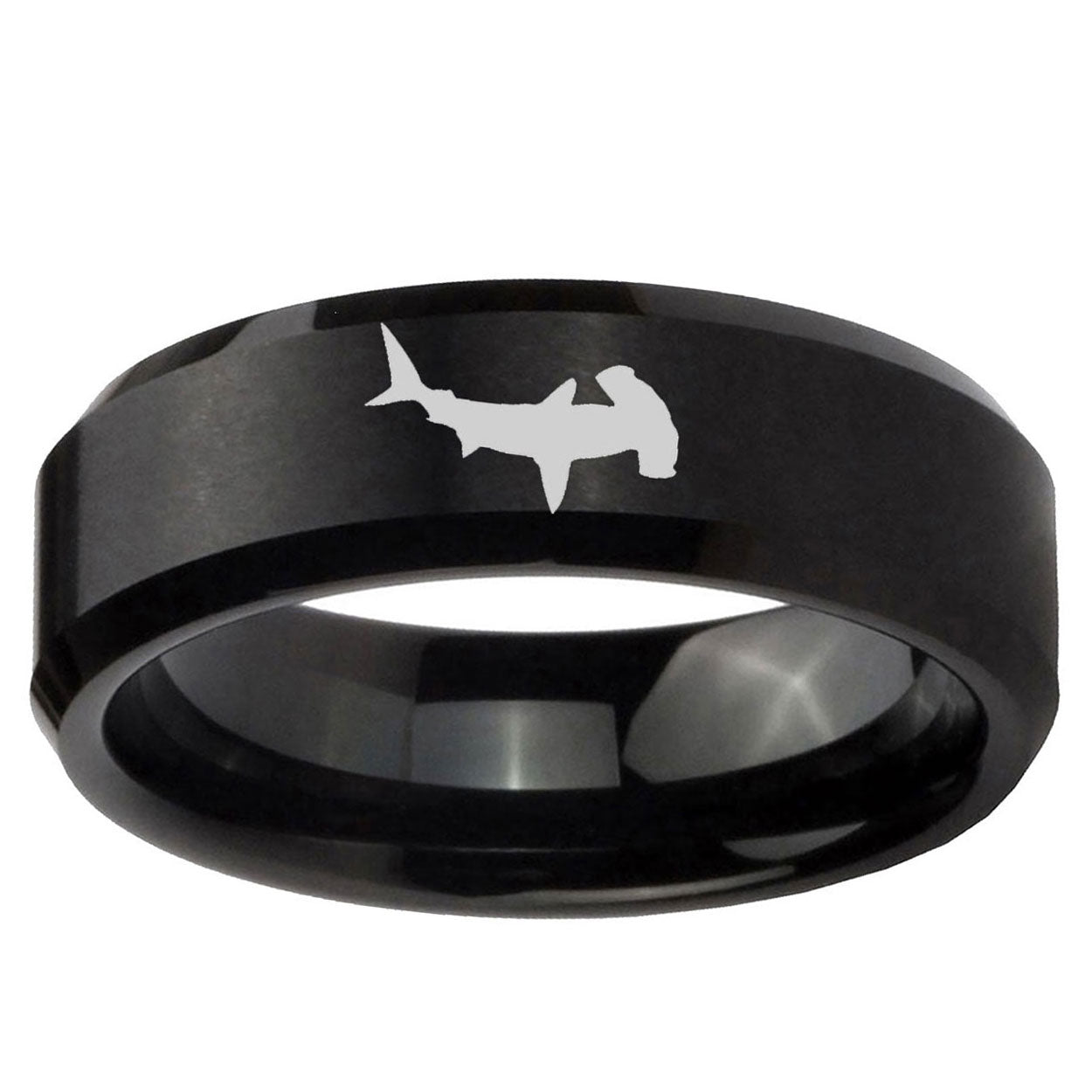 10mm Hammerhead Shark Beveled Edge Brush Black Tungsten Ring