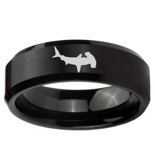 10mm Hammerhead Shark Beveled Edge Brush Black Tungsten Ring