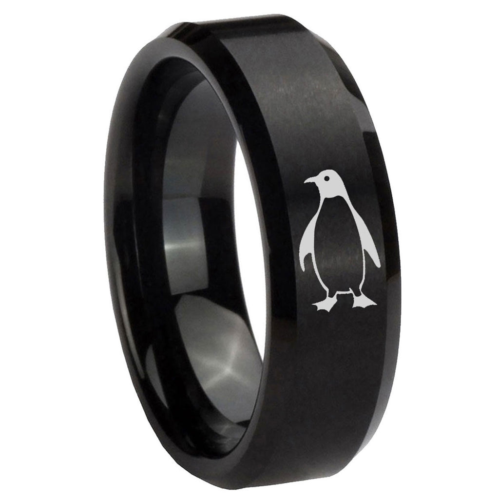 10mm Penguin Beveled Edges Brush Black Tungsten Men's Engagement Ring