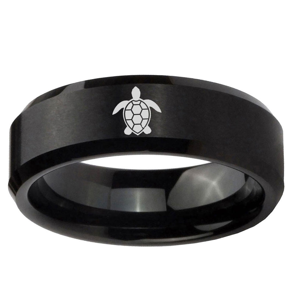 5MM Sea Turtle Beveled Brushed Black Tungsten Mens Engagement Ring