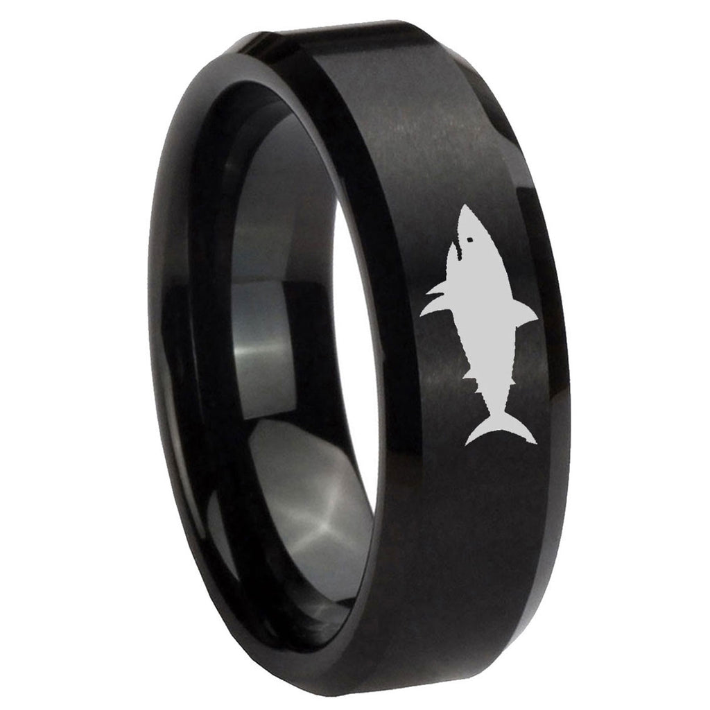 8MM Shark Beveled Brushed Black Tungsten Wedding Rings