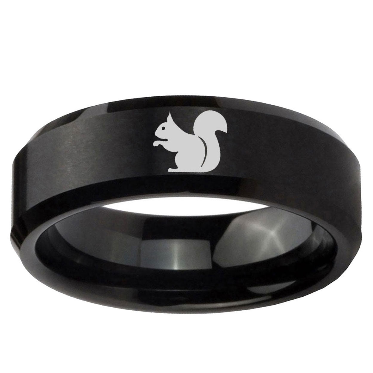 5MM Squirrel Beveled Brushed Black Tungsten Engravable Ring