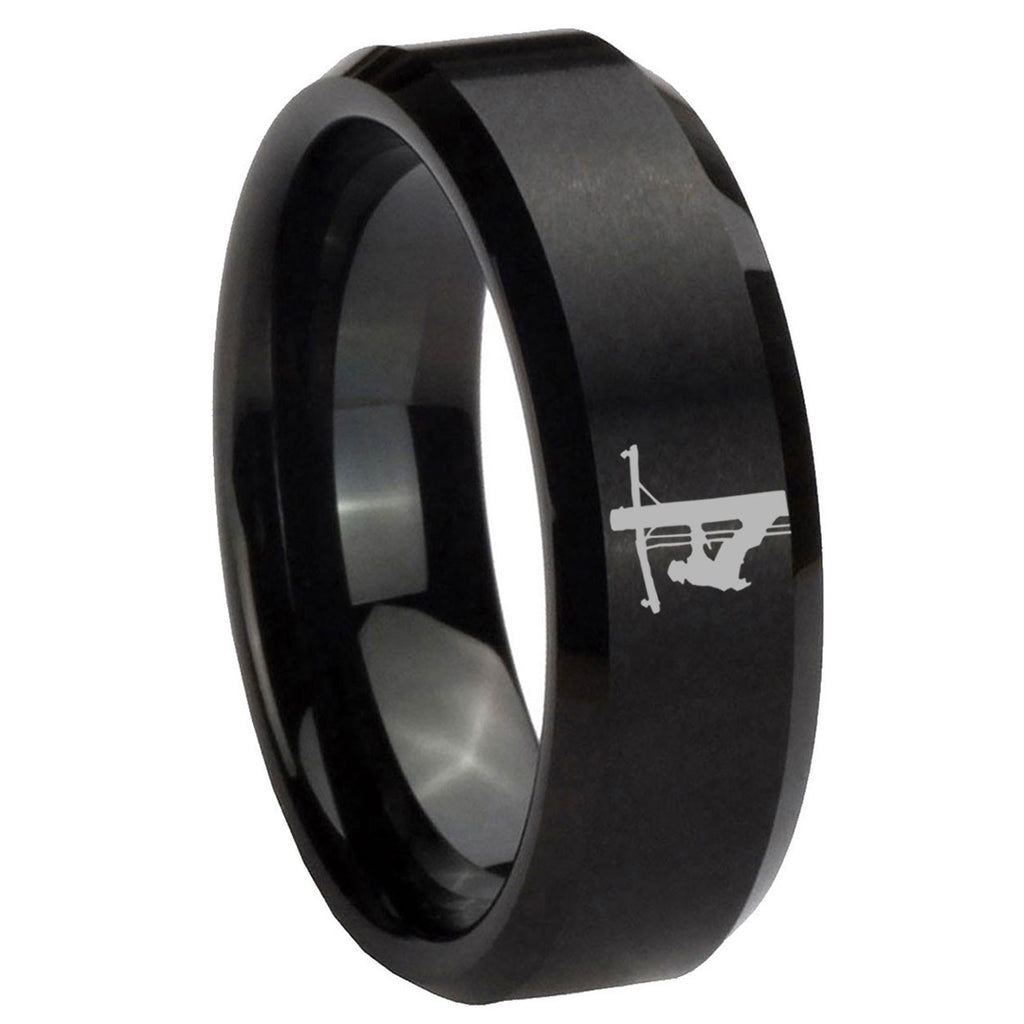 8MM Lineman Symbol Beveled Brushed Black Tungsten Wedding Band