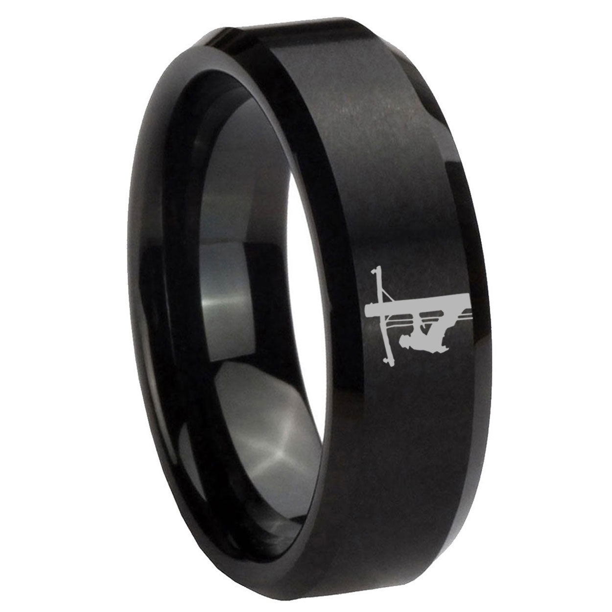 8MM Lineman Symbol Beveled Brushed Black Tungsten Wedding Band
