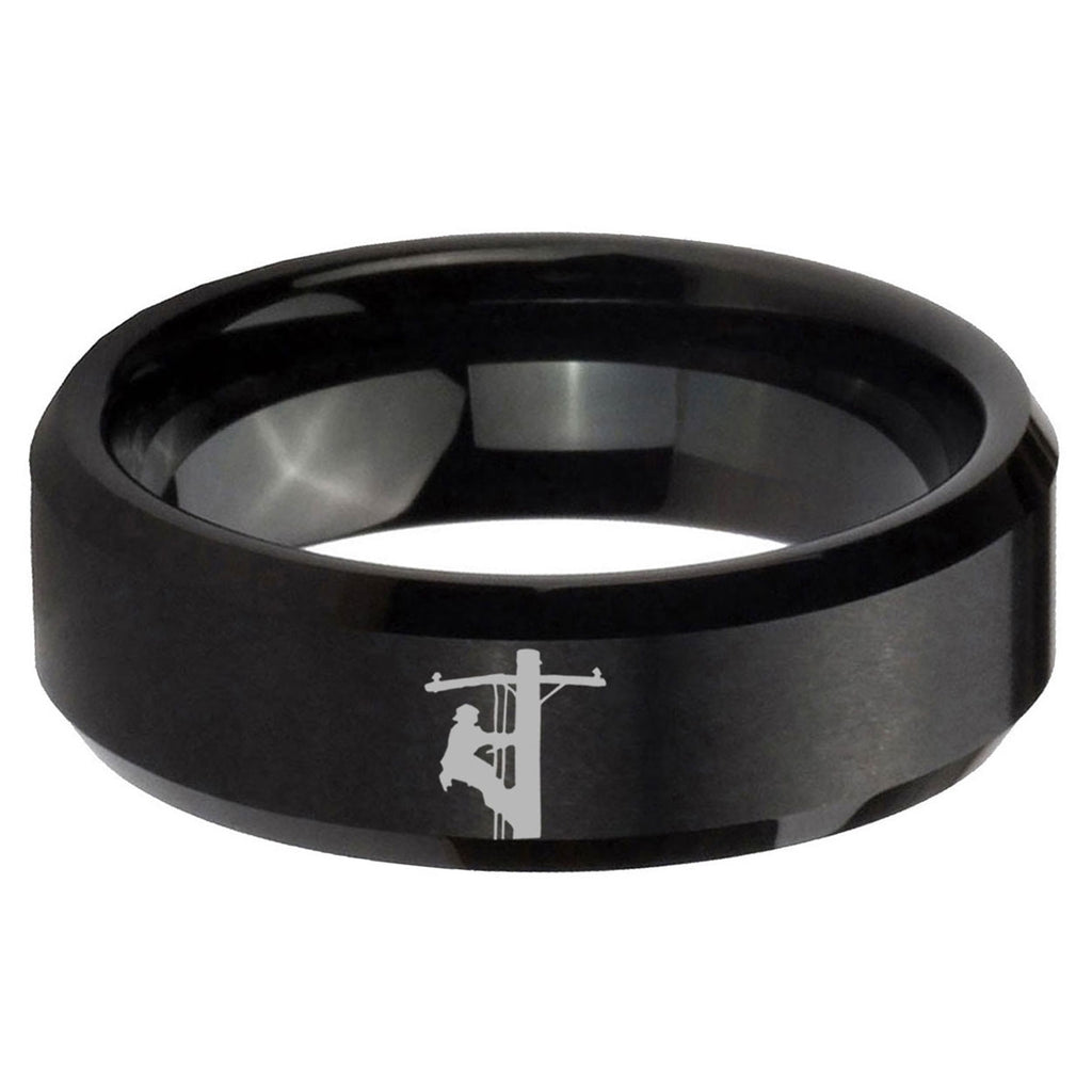 5MM Lineman Symbol Beveled Brushed Black Tungsten Wedding Band