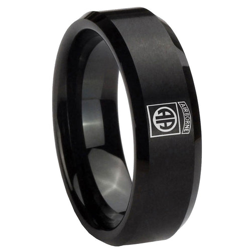 10mm Army Airborn Beveled Edges Brush Black Tungsten Carbide Mens Wedding Ring