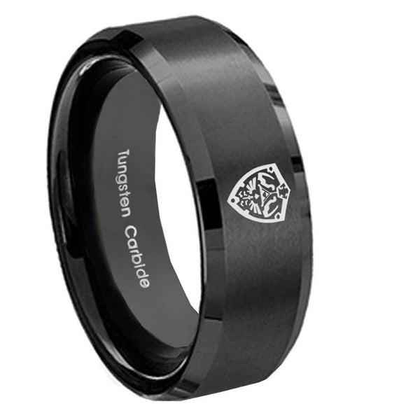 10mm-Zelda-Hylian-Shield-Beveled-Edges-Brush-Black-Tungsten-Wedding-Bands-Ring