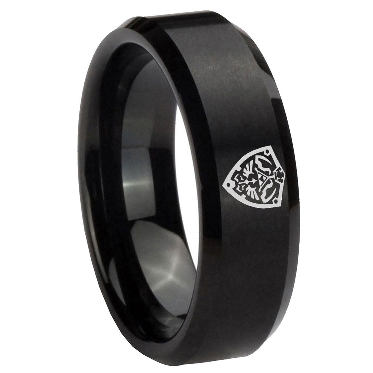 10mm Zelda Hylian Shield Beveled Edges Brush Black Tungsten Wedding Bands Ring