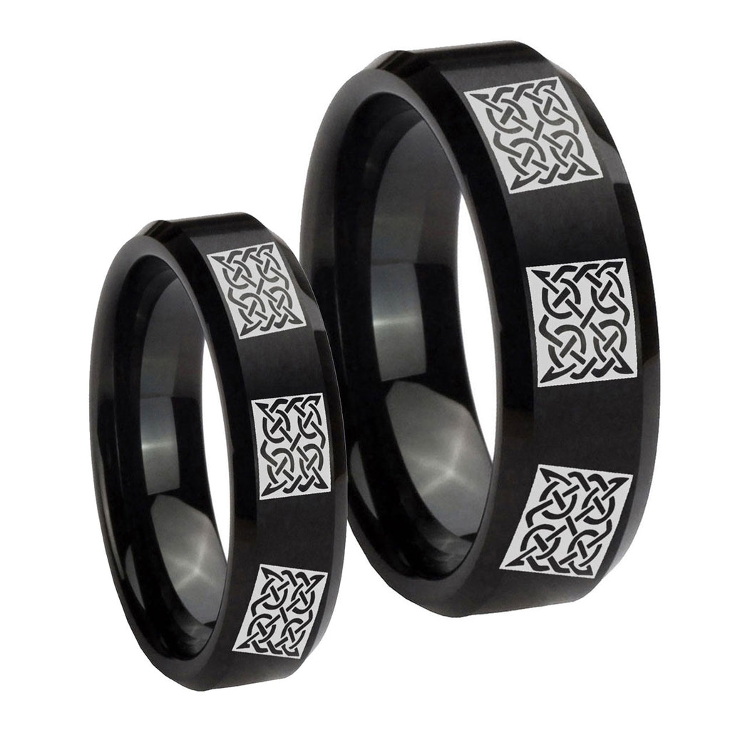Multiple Celtic Beveled Edges Brush Black Tungsten Mens Set Rings