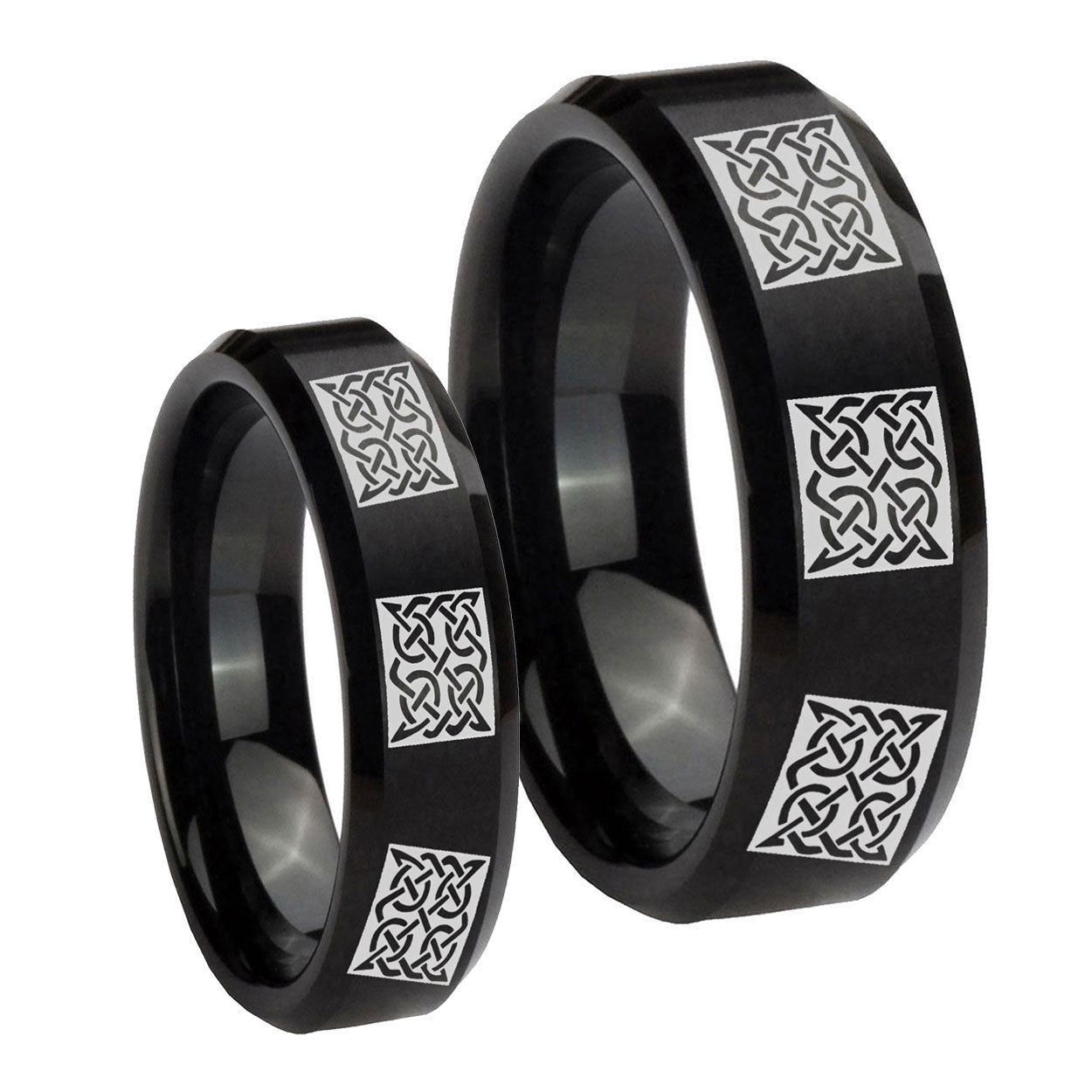 Multiple Celtic Beveled Edges Brush Black Tungsten Mens Set Rings