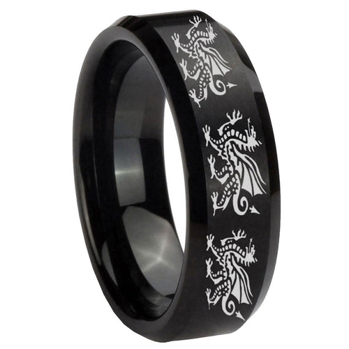 10mm Multiple Dragon Beveled Edges Brush Black Tungsten Carbide Mens Ring