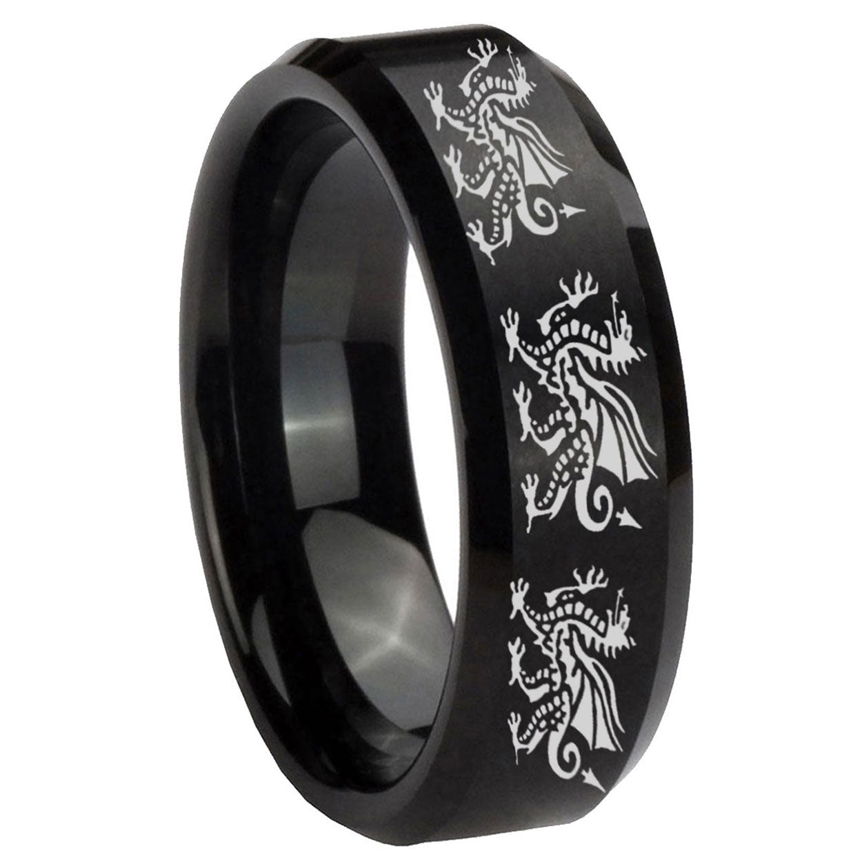 8MM Multiple Dragon Beveled Brushed Black Tungsten Mens Promise Ring