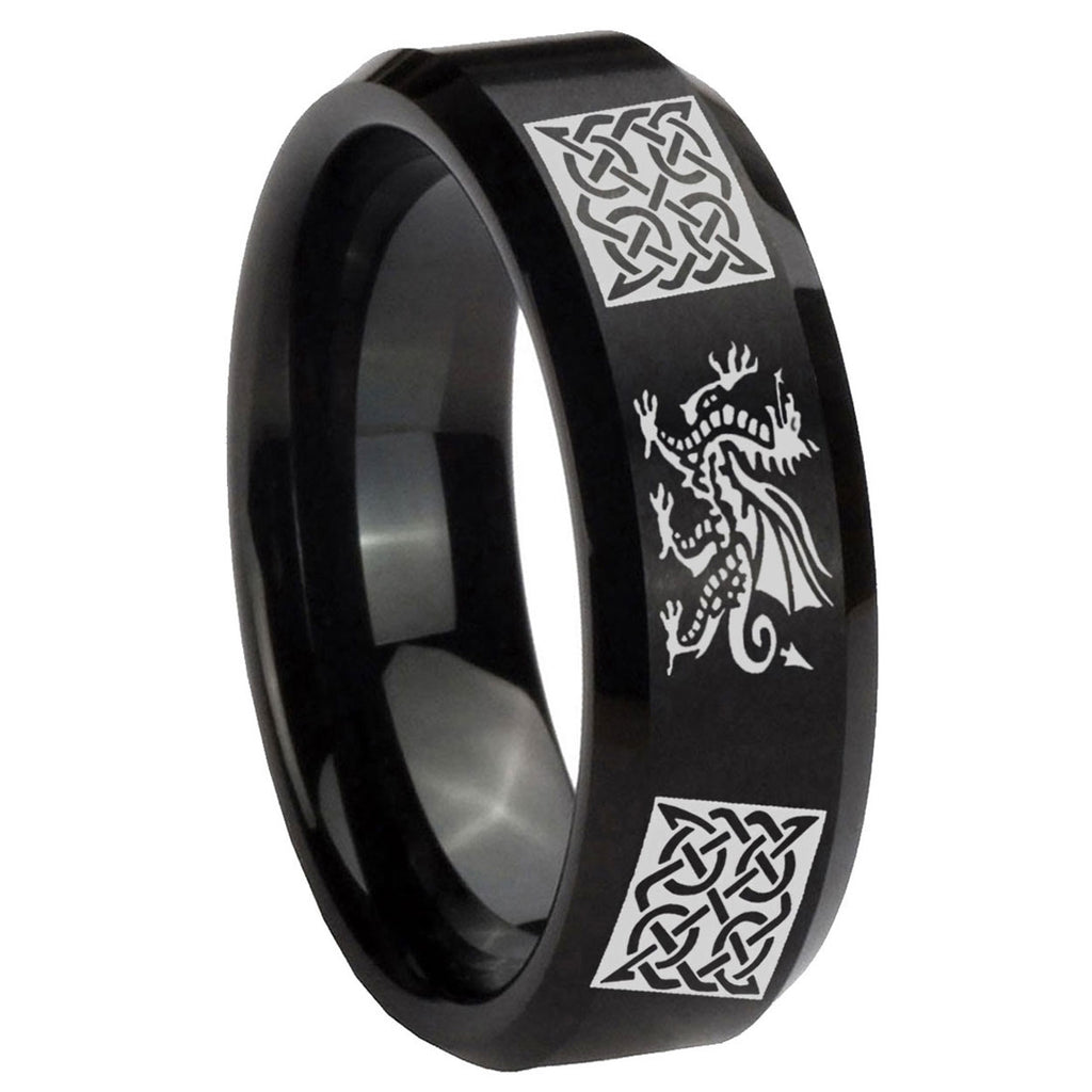 10mm Multiple Dragon Celtic Beveled Edges Brush Black Tungsten Men's Ring