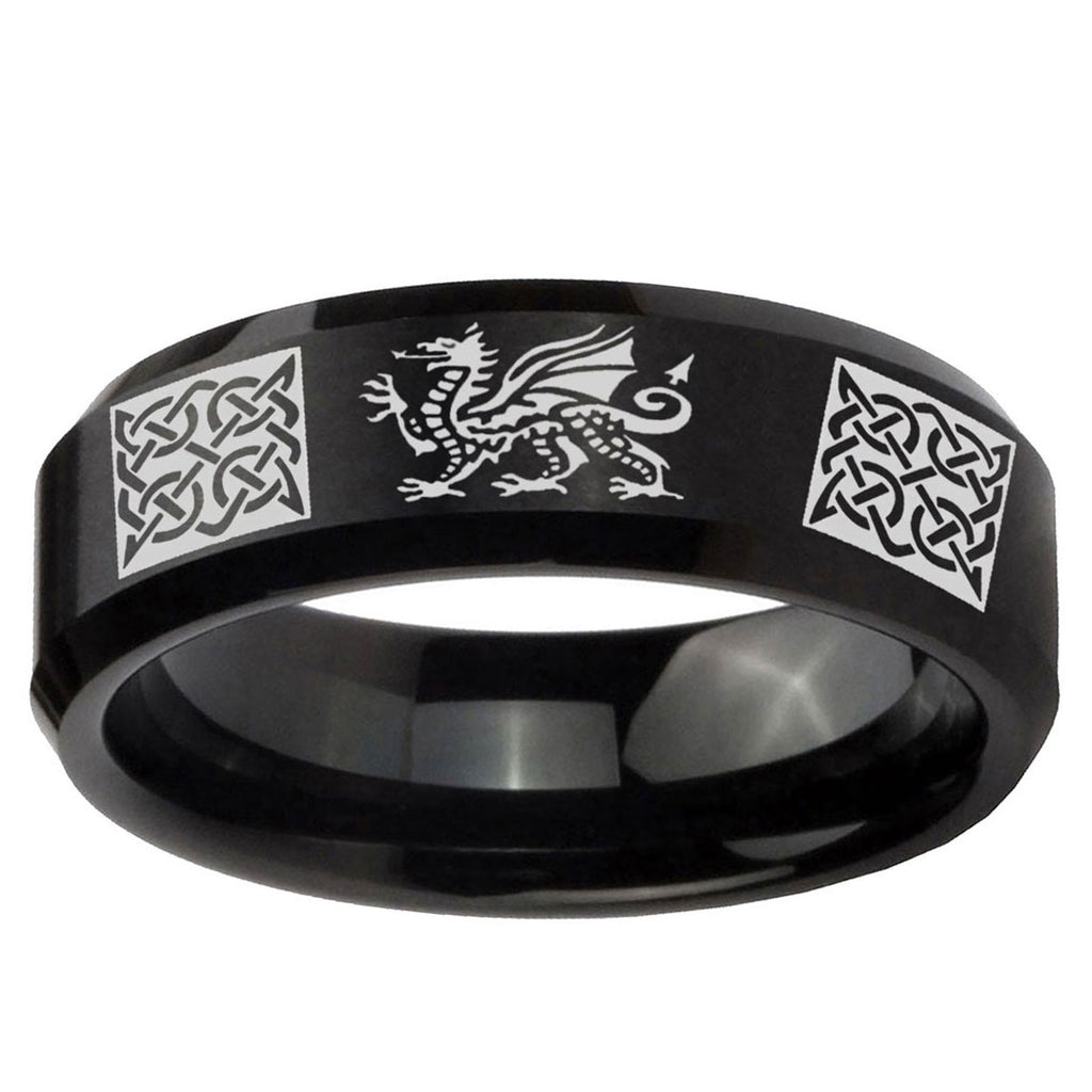 10mm Multiple Dragon Celtic Beveled Edge Brush Black Tungsten Men's Ring
