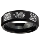 10mm Multiple Dragon Celtic Beveled Edge Brush Black Tungsten Men's Ring