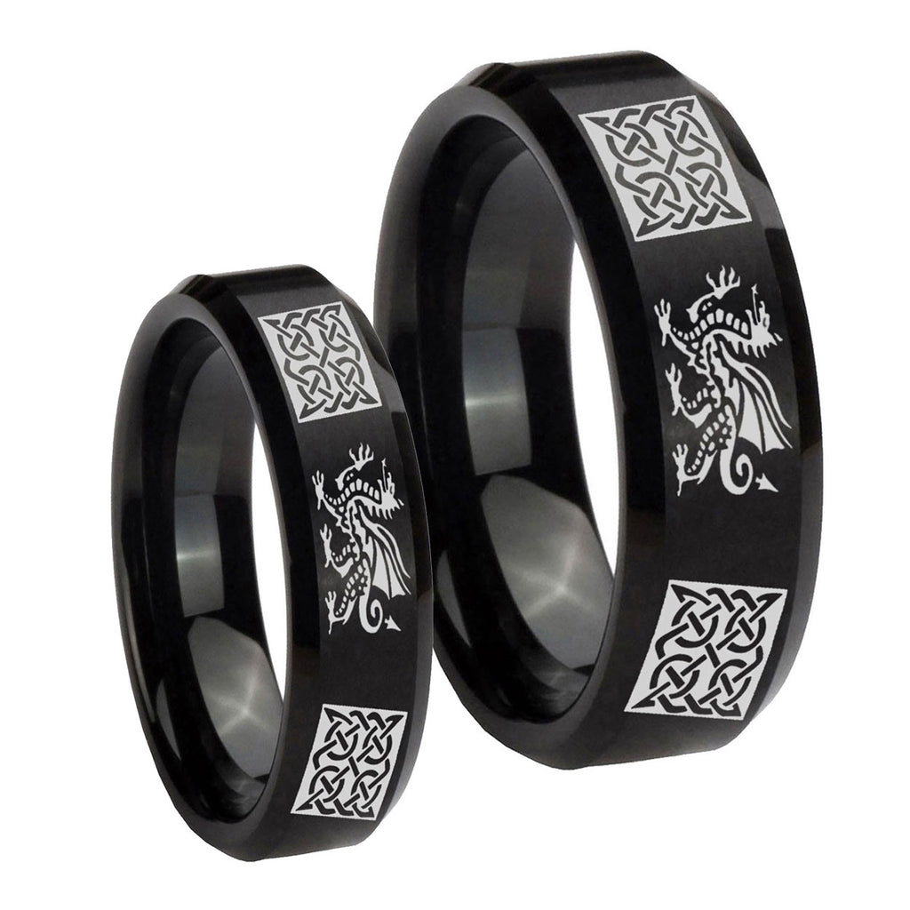 Multiple Dragon Celtic Beveled Brush Black Tungsten Bridal Ring Set