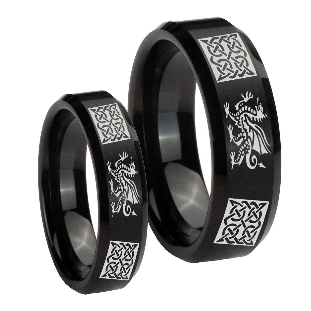 Multiple Dragon Celtic Beveled Brush Black Tungsten Bridal Ring Set