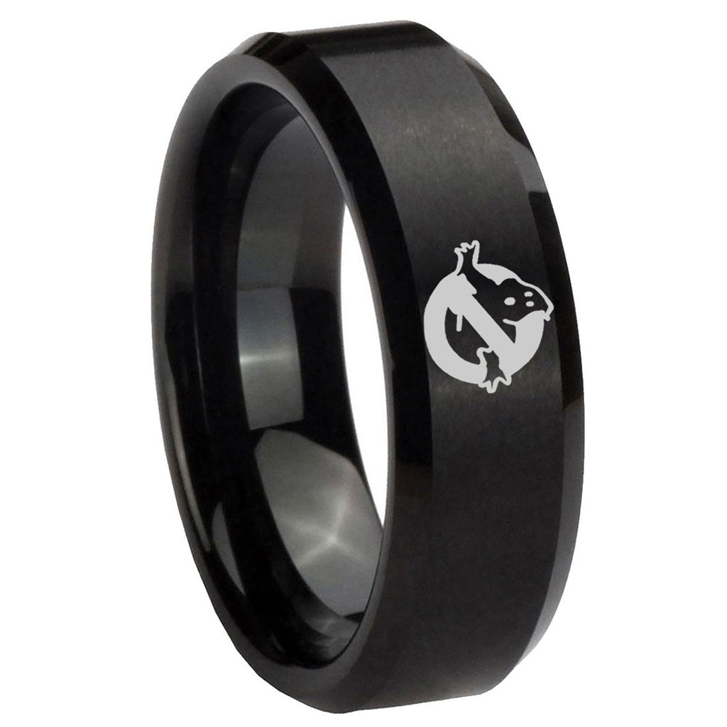 10mm Ghostbusters Beveled Edges Brush Black Tungsten Carbide Bands Ring