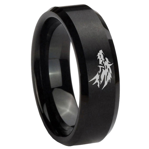 10mm Wolf Beveled Edges Brush Black Tungsten Carbide Custom Mens Ring