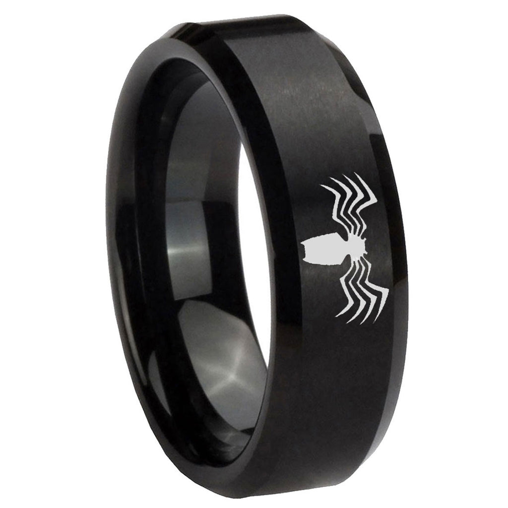 10mm Spider Beveled Edges Brush Black Tungsten Carbide Mens Ring Engraved