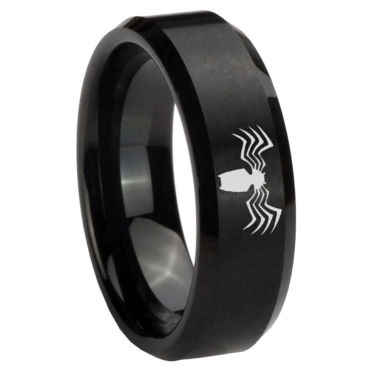 10mm Spider Beveled Edges Brush Black Tungsten Carbide Mens Ring Engraved