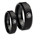 Love Power Rangers Beveled Edges Brush Black Tungsten Matching Ring Set