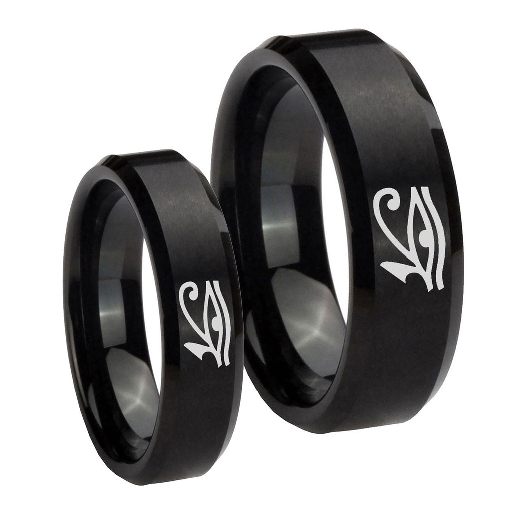 Seeing Eye Beveled Edges Brush Black Tungsten Mens Set Ring